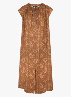 Soeur TAMARIS - Robe Midi Col Tunisien Imprimée En Lin | Marron -Vêtements-Soeur 4121894