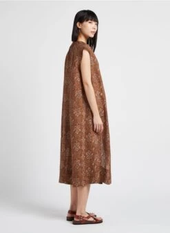 Soeur TAMARIS - Robe Midi Col Tunisien Imprimée En Lin | Marron -Vêtements-Soeur 4156268