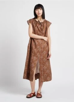 Soeur TAMARIS - Robe Midi Col Tunisien Imprimée En Lin | Marron -Vêtements-Soeur 4156269